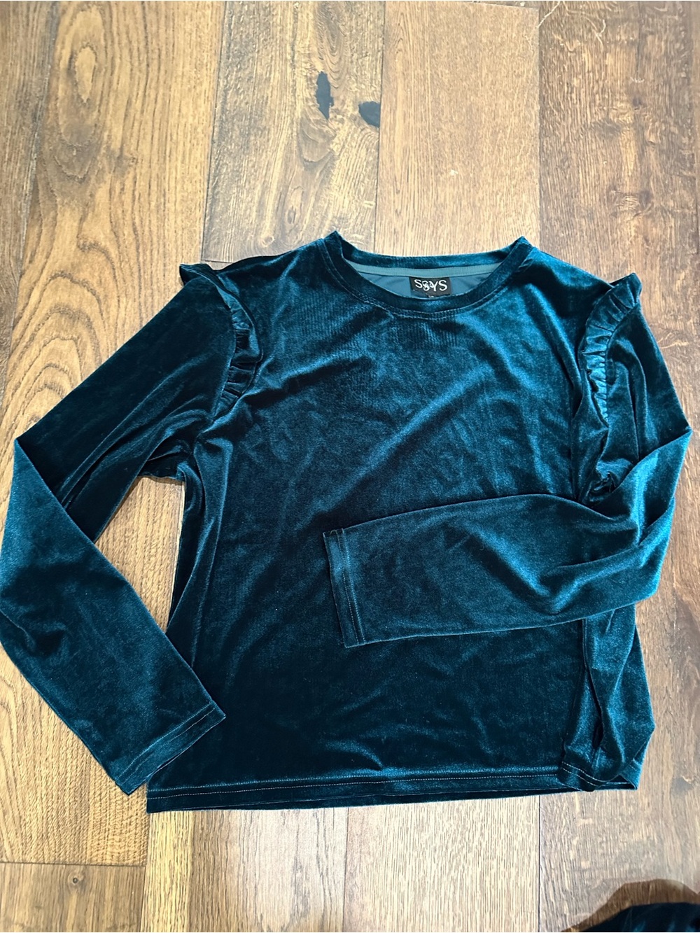 Ssys Velvet Drawstring Wide Crop pants & Ruffle Shoulder Top - Teal Green - Picture 2 of 4